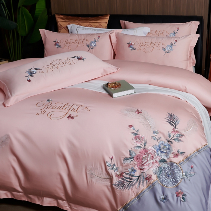 91家纺网 家纺一手货源 找家纺 优姿 2022新款100支长绒棉绣花四件套—花叶倾城-浅粉