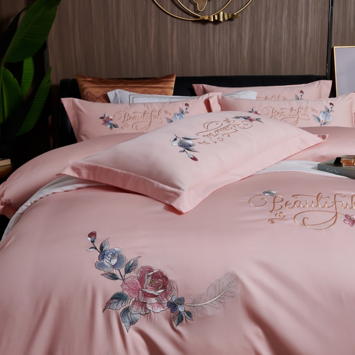 91家纺网 家纺一手货源 找家纺 优姿 2022新款100支长绒棉绣花四件套—花叶倾城-浅粉