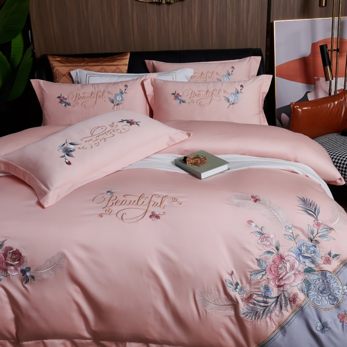 91家纺网 家纺一手货源 找家纺 优姿 2022新款100支长绒棉绣花四件套—花叶倾城-浅粉