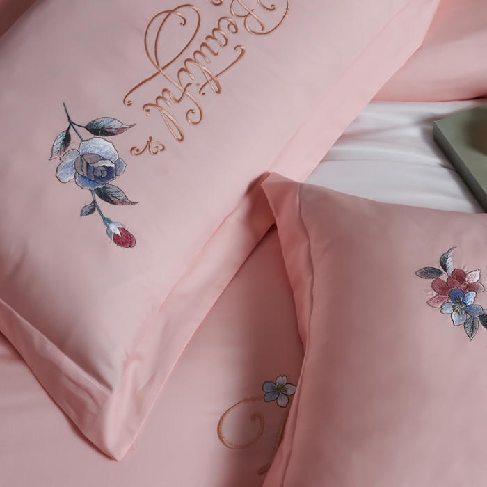 91家纺网 家纺一手货源 找家纺 优姿 2022新款100支长绒棉绣花四件套—花叶倾城-浅粉