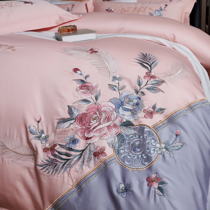 91家纺网 家纺一手货源 找家纺 优姿 2022新款100支长绒棉绣花四件套—花叶倾城-浅粉