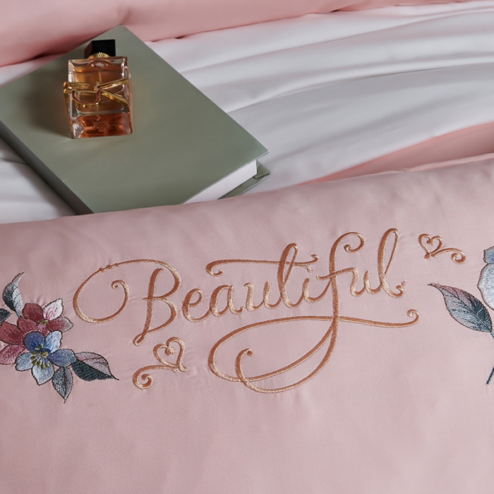 91家纺网 家纺一手货源 找家纺 优姿 2022新款100支长绒棉绣花四件套—花叶倾城-浅粉