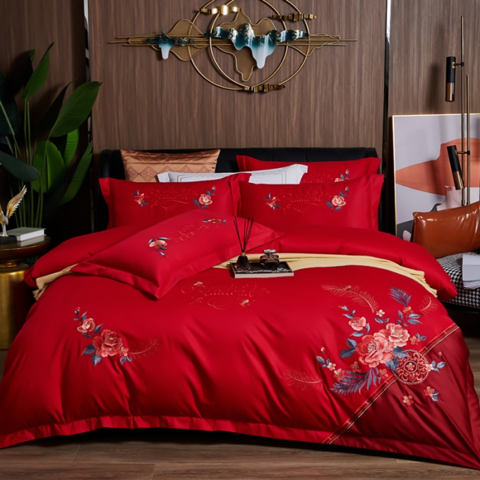 91家纺网 家纺一手货源 找家纺 优姿 2022新款100支长绒棉绣花四件套—花叶倾城-大红