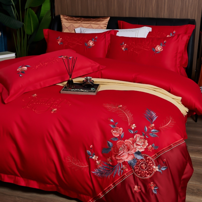 91家纺网 家纺一手货源 找家纺 优姿 2022新款100支长绒棉绣花四件套—花叶倾城-大红