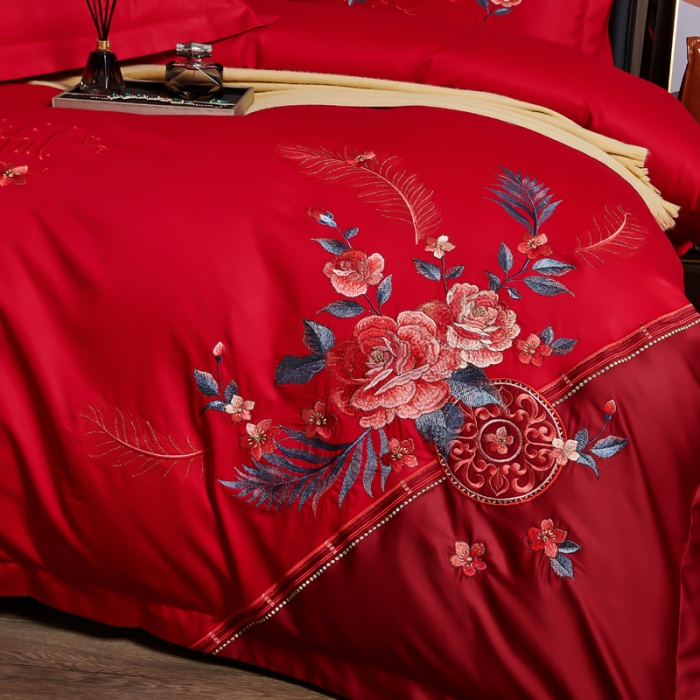 91家纺网 家纺一手货源 找家纺 优姿 2022新款100支长绒棉绣花四件套—花叶倾城-大红