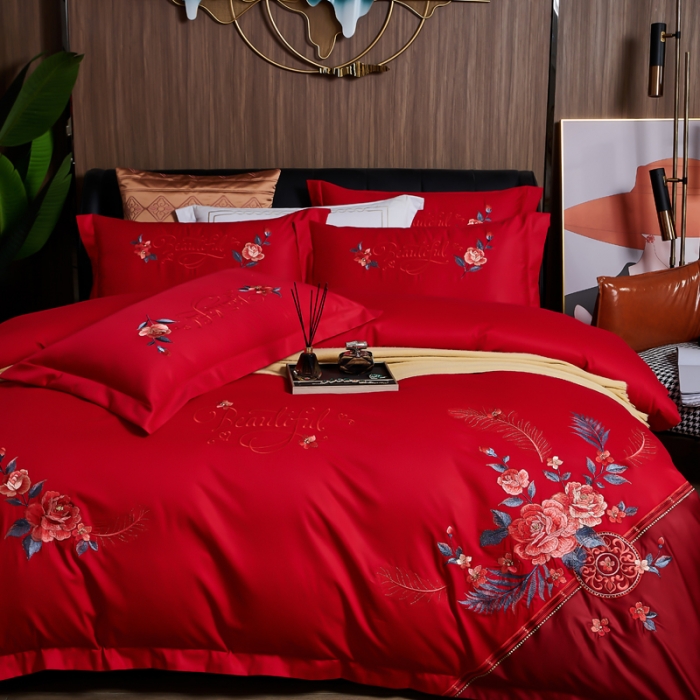 91家纺网 家纺一手货源 找家纺 优姿 2022新款100支长绒棉绣花四件套—花叶倾城-大红