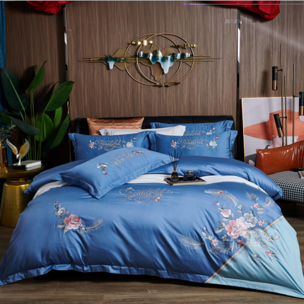 优姿 2022新款100支长绒棉绣花四件套—花叶倾城-蓝色