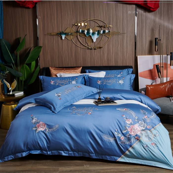 91家纺网 家纺一手货源 找家纺 优姿 2022新款100支长绒棉绣花四件套—花叶倾城-蓝色