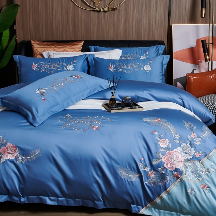 91家纺网 家纺一手货源 找家纺 优姿 2022新款100支长绒棉绣花四件套—花叶倾城-蓝色