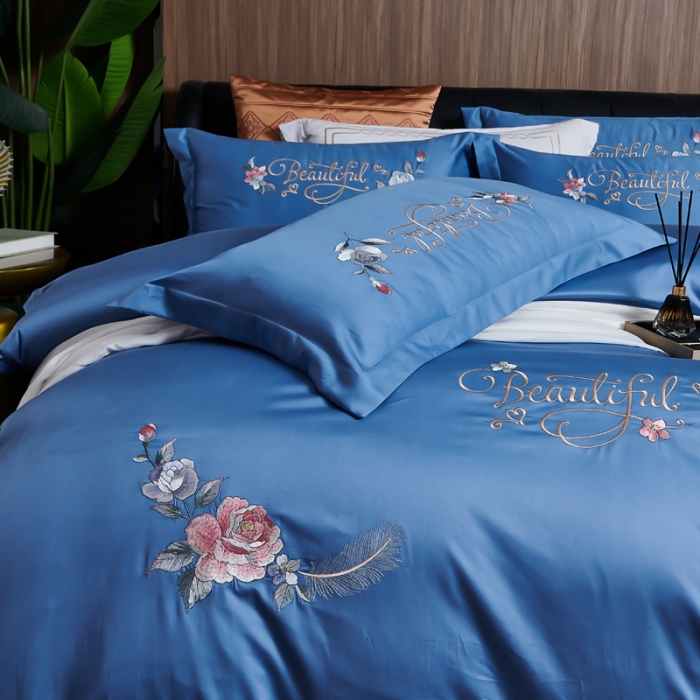 91家纺网 家纺一手货源 找家纺 优姿 2022新款100支长绒棉绣花四件套—花叶倾城-蓝色