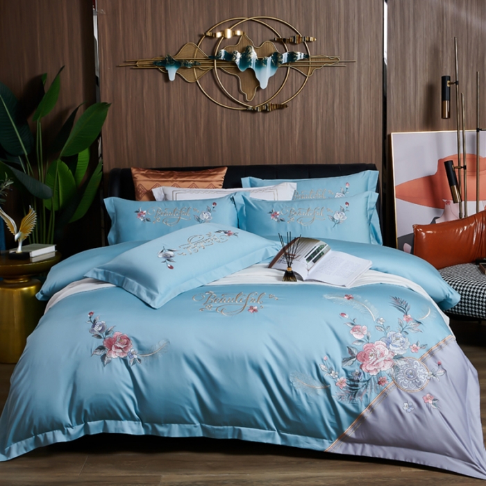 91家纺网 家纺一手货源 找家纺 优姿 2022新款100支长绒棉绣花四件套—花叶倾城-浅蓝
