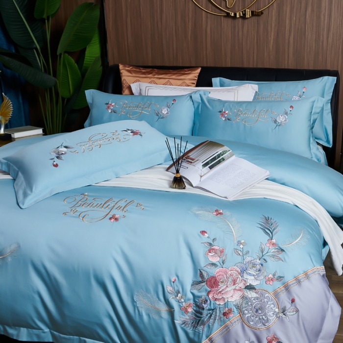 91家纺网 家纺一手货源 找家纺 优姿 2022新款100支长绒棉绣花四件套—花叶倾城-浅蓝