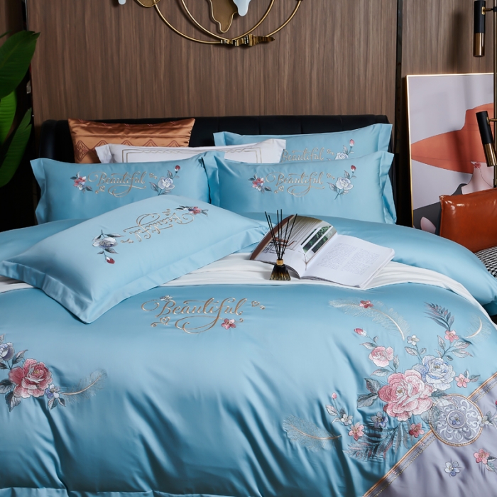 91家纺网 家纺一手货源 找家纺 优姿 2022新款100支长绒棉绣花四件套—花叶倾城-浅蓝