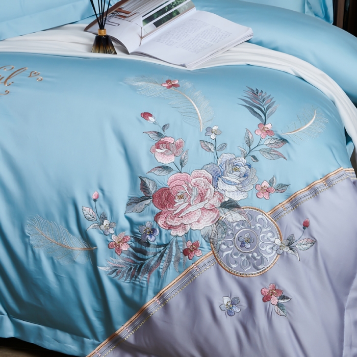 91家纺网 家纺一手货源 找家纺 优姿 2022新款100支长绒棉绣花四件套—花叶倾城-浅蓝