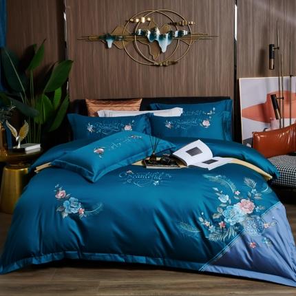 91家纺网 家纺一手货源 找家纺 优姿 2022新款100支长绒棉绣花四件套—花叶倾城-深蓝