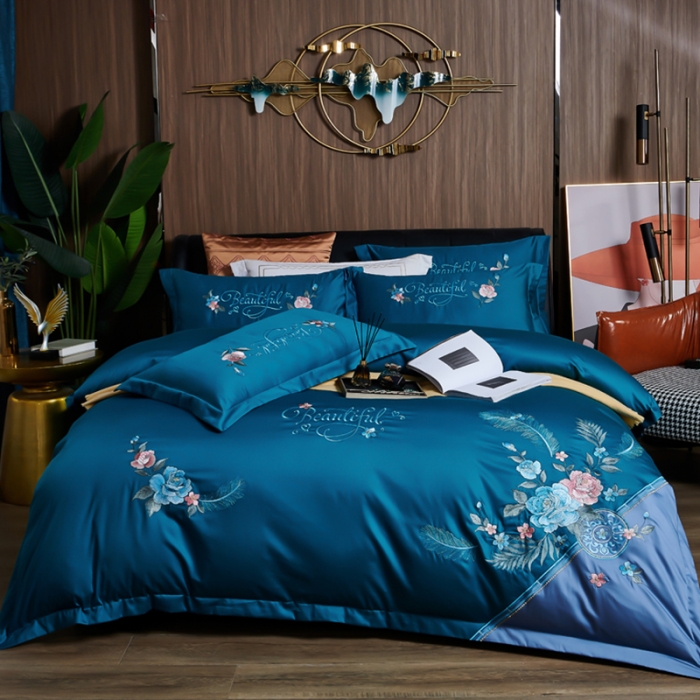 91家纺网 家纺一手货源 找家纺 优姿 2022新款100支长绒棉绣花四件套—花叶倾城-深蓝