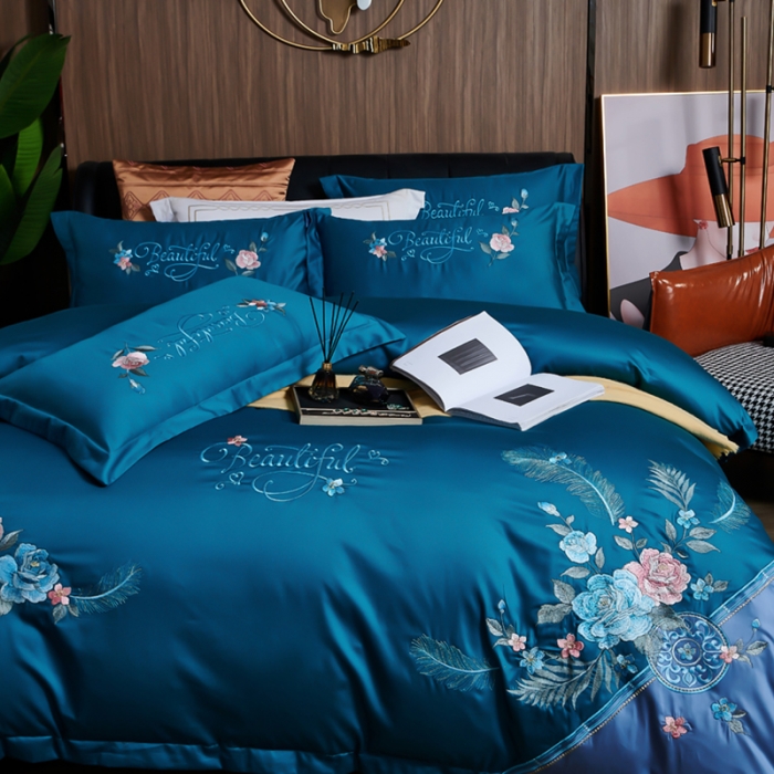 91家纺网 家纺一手货源 找家纺 优姿 2022新款100支长绒棉绣花四件套—花叶倾城-深蓝