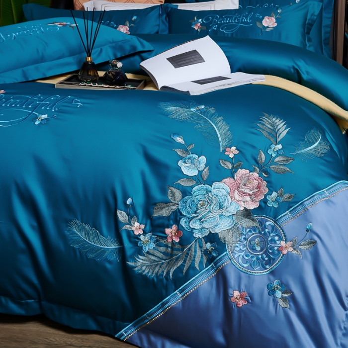 91家纺网 家纺一手货源 找家纺 优姿 2022新款100支长绒棉绣花四件套—花叶倾城-深蓝