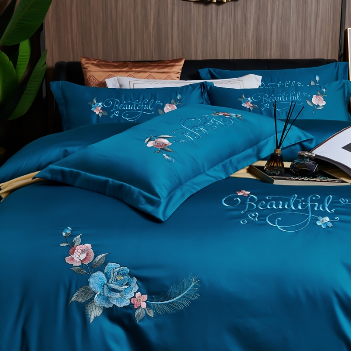 91家纺网 家纺一手货源 找家纺 优姿 2022新款100支长绒棉绣花四件套—花叶倾城-深蓝