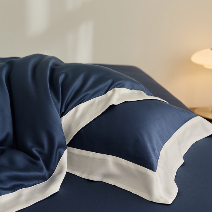 91家纺网 家纺一手货源 找家纺 新款60支天丝拼边款四件套 远峰蓝