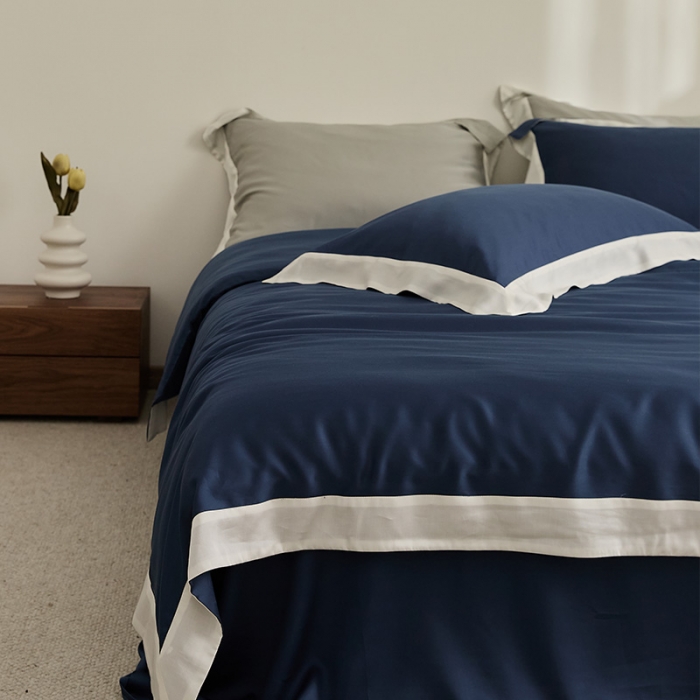 91家纺网 家纺一手货源 找家纺 新款60支天丝拼边款四件套 远峰蓝