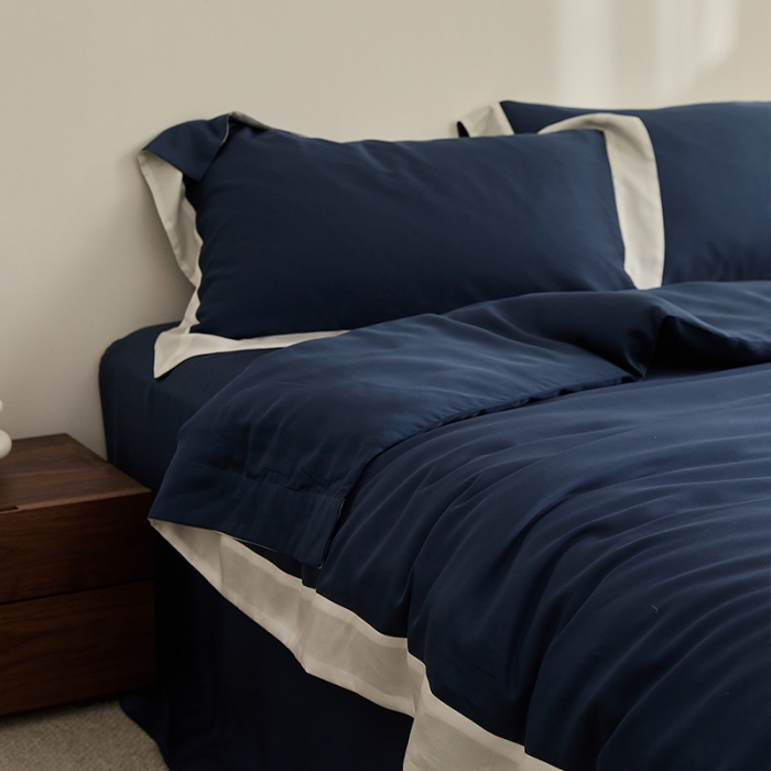 91家纺网 家纺一手货源 找家纺 新款60支天丝拼边款四件套 远峰蓝