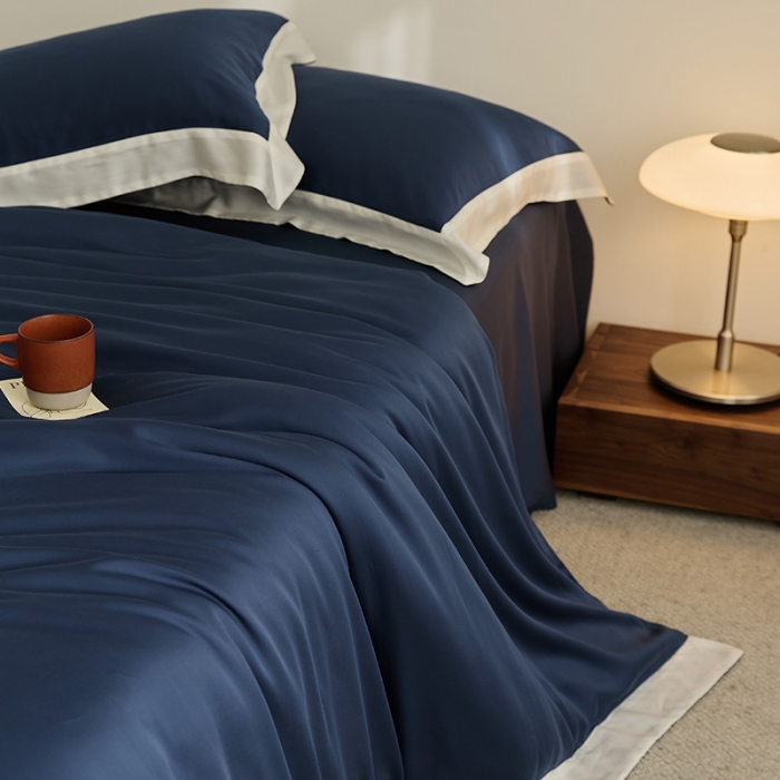 91家纺网 家纺一手货源 找家纺 新款60支天丝拼边款四件套 远峰蓝