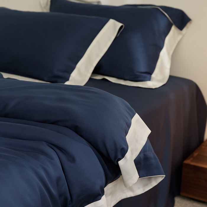 91家纺网 家纺一手货源 找家纺 新款60支天丝拼边款四件套 远峰蓝