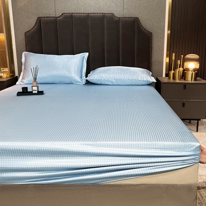 91家纺网 家纺一手货源 找家纺 （总）纤雅 2024千鸟格冰丝提花床笠凉席三件套（松紧款）