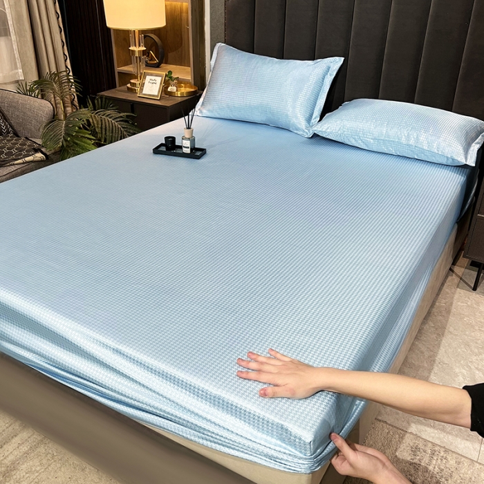 91家纺网 家纺一手货源 找家纺 （总）纤雅 2024千鸟格冰丝提花床笠凉席三件套（松紧款）