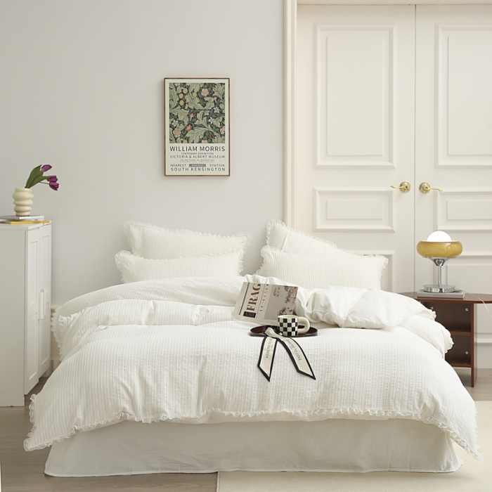 91家纺网 家纺一手货源 找家纺 玛奇朵2022新款全棉立体提花泡泡纱四件套-艾丽系列艾丽-白