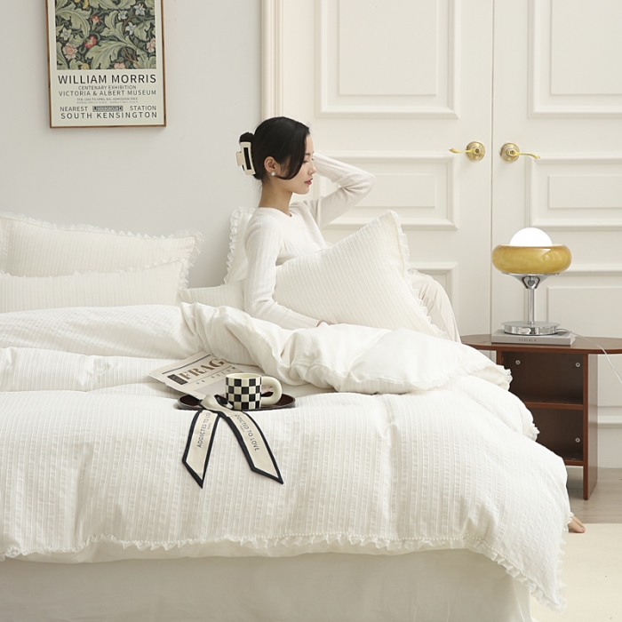 91家纺网 家纺一手货源 找家纺 玛奇朵2022新款全棉立体提花泡泡纱四件套-艾丽系列艾丽-白