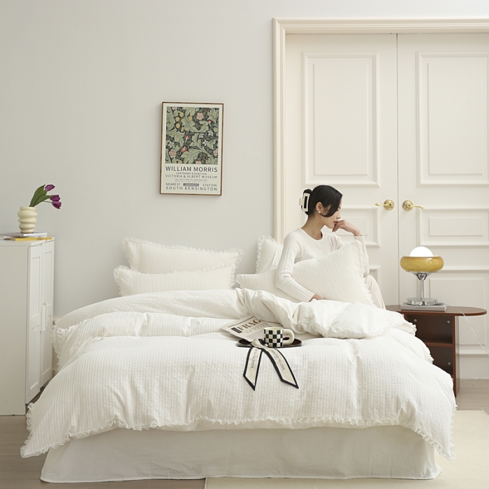 91家纺网 家纺一手货源 找家纺 玛奇朵2022新款全棉立体提花泡泡纱四件套-艾丽系列艾丽-白