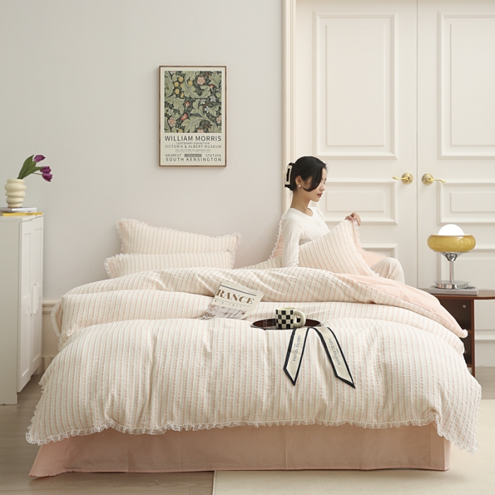 91家纺网 家纺一手货源 找家纺 玛奇朵2022新款全棉立体提花泡泡纱四件套-艾丽系列艾丽-粉