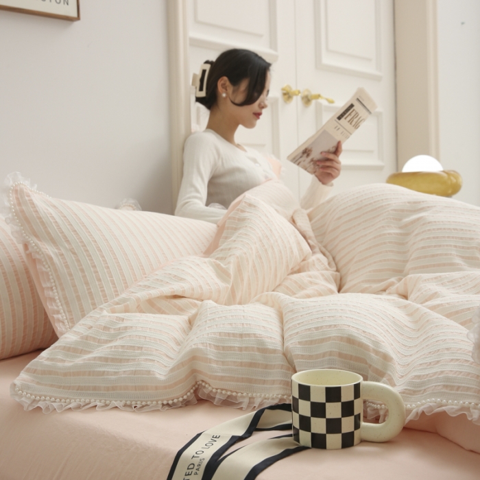 91家纺网 家纺一手货源 找家纺 玛奇朵2022新款全棉立体提花泡泡纱四件套-艾丽系列艾丽-粉