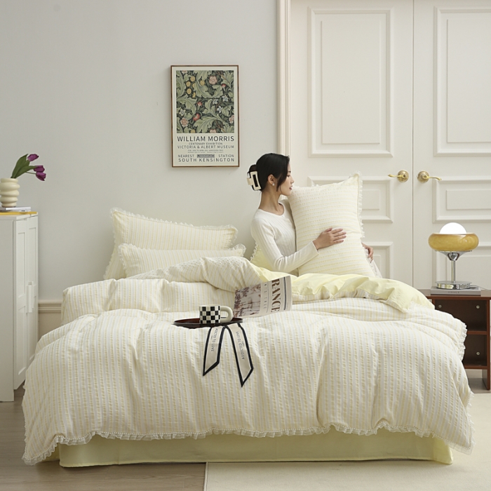 91家纺网 家纺一手货源 找家纺 玛奇朵2022新款全棉立体提花泡泡纱四件套-艾丽系列艾丽-黄