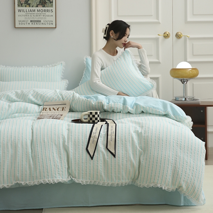 91家纺网 家纺一手货源 找家纺 玛奇朵2022新款全棉立体提花泡泡纱四件套-艾丽系列艾丽-蓝