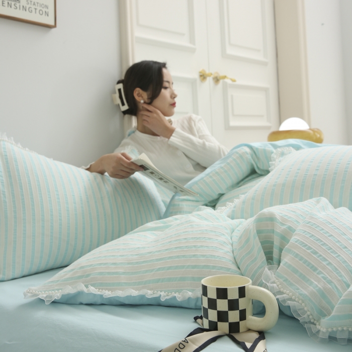 91家纺网 家纺一手货源 找家纺 玛奇朵2022新款全棉立体提花泡泡纱四件套-艾丽系列艾丽-蓝