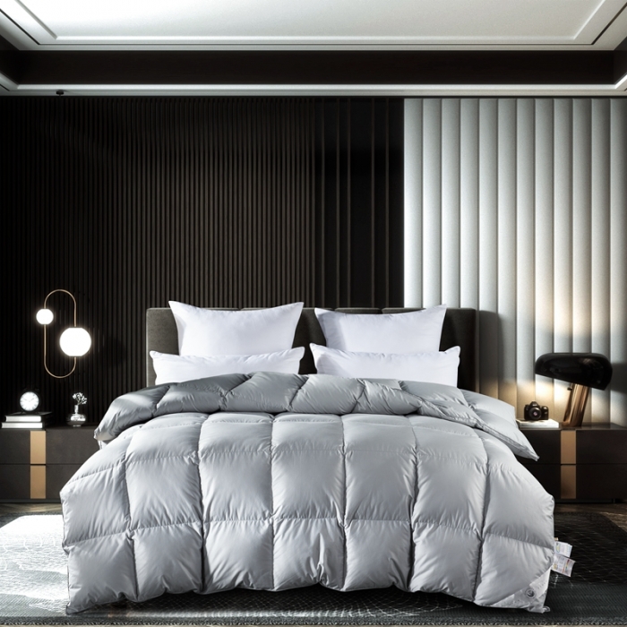 91家纺网 家纺一手货源 找家纺 羽仙子 2023新款120支全棉纯色贡缎白鹅绒被春秋被冬被 蓝灰