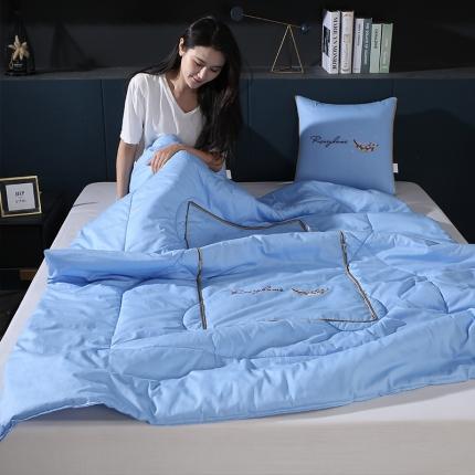 照世家纺2022新款全棉羽毛款多功能抱枕被 靛蓝色
