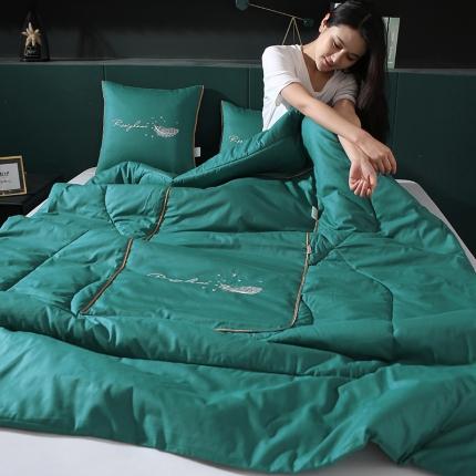 照世家纺2022新款全棉羽毛款多功能抱枕被 湖蓝