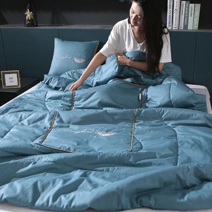 照世家纺2022新款全棉羽毛款多功能抱枕被 孔雀蓝