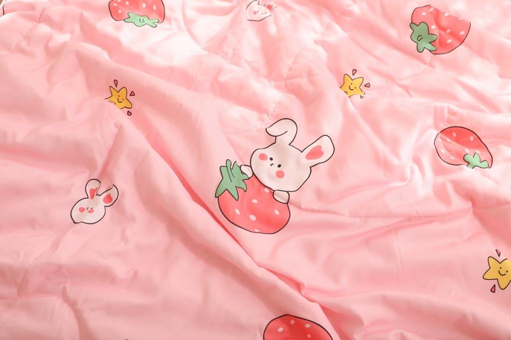 91家纺网 家纺一手货源 找家纺 慕尚 2025新款实拍水洗小花边夏被 草莓兔兔