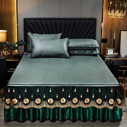 91家纺网 家纺一手货源 找家纺 瑞宝 2025新款床裙冰藤席三件套 墨绿