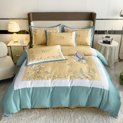 91家纺网 家纺一手货源 找家纺 博纳 2022新款A面水洗真丝提花喷气纯棉四件套--涧溪 嫩黄