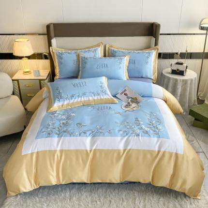 91家纺网 家纺一手货源 找家纺 博纳 2022新款A面水洗真丝提花喷气纯棉四件套--涧溪 天蓝