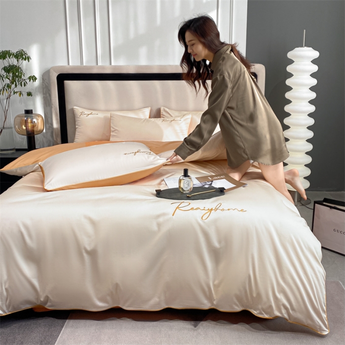 91家纺网 家纺一手货源 找家纺 暮色 2022新款60s刺绣全棉单被套 轻奢-奶昔白+桔