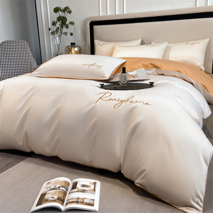 91家纺网 家纺一手货源 找家纺 暮色 2022新款60s刺绣全棉单被套 轻奢-奶昔白+桔