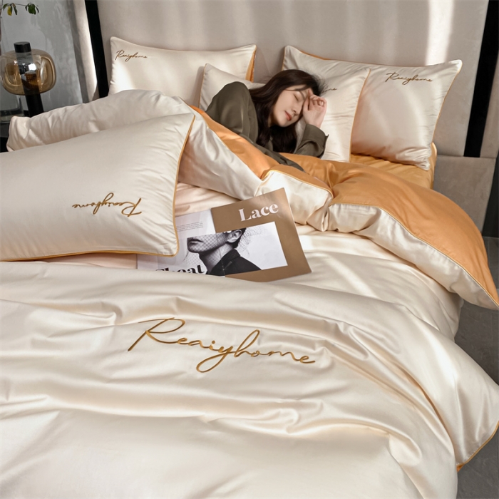 91家纺网 家纺一手货源 找家纺 暮色 2022新款60s刺绣全棉单被套 轻奢-奶昔白+桔