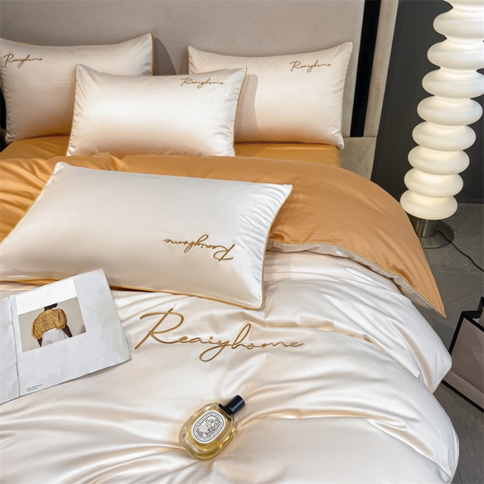 91家纺网 家纺一手货源 找家纺 暮色 2022新款60s刺绣全棉单被套 轻奢-奶昔白+桔